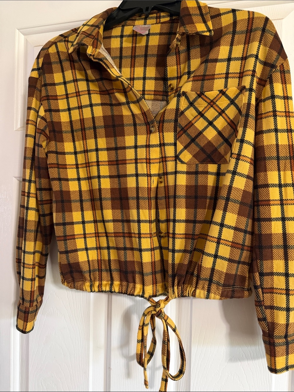 No Boundaries Yellow Plaid Button-Up with Tie Hem